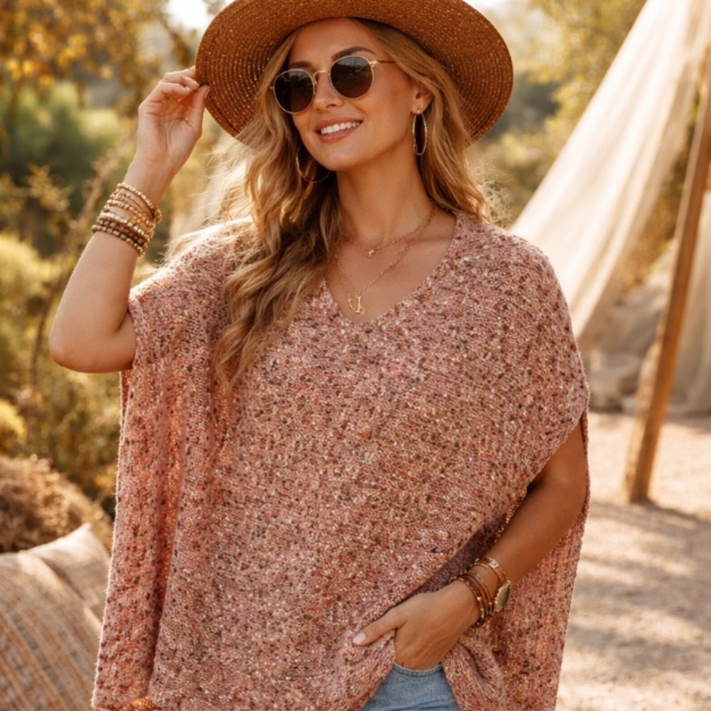 Max Studio NEW Pink Bouclé Knit Boho Cozy Warm Bohemian Coquette Poncho One Size